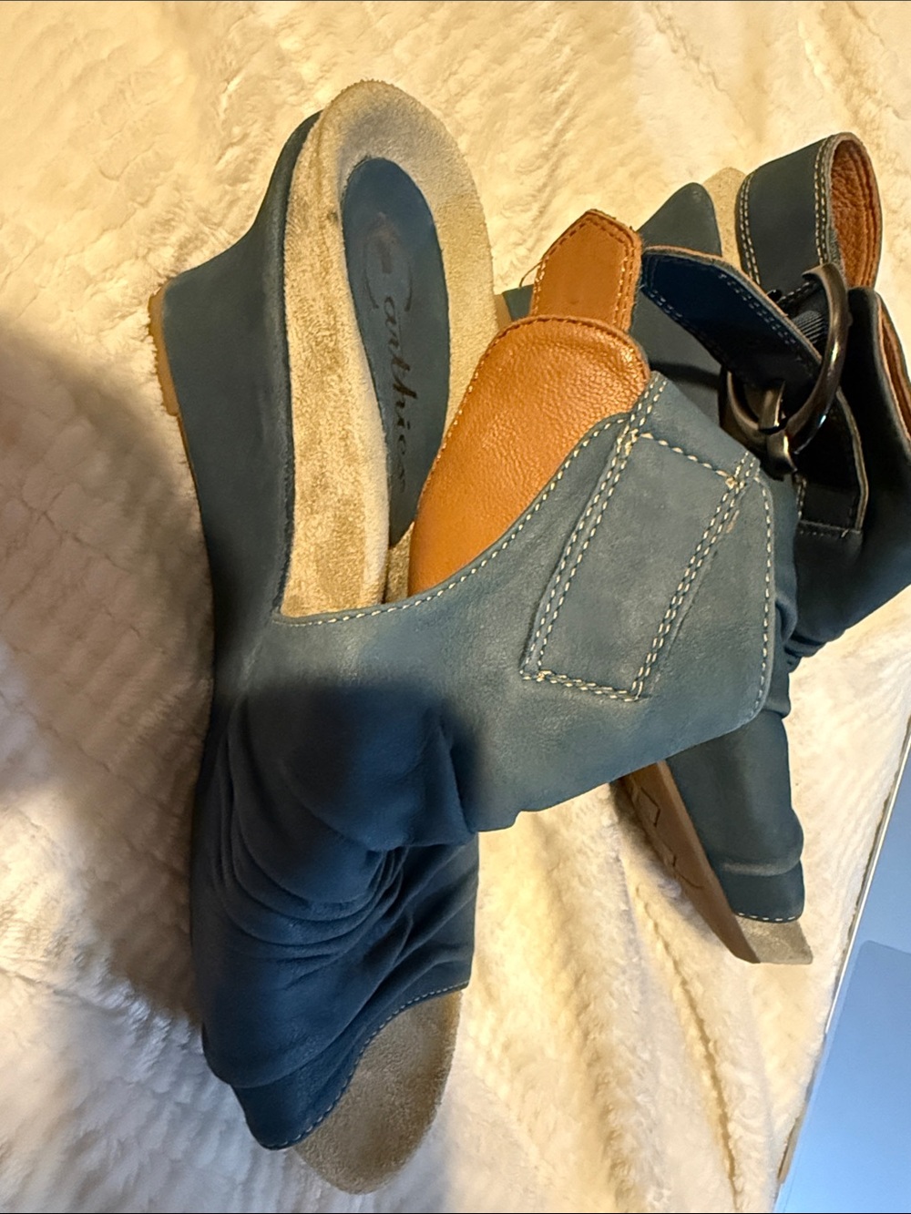 Comfortable Blue and Tan Leather Women’s Wedge Sandals